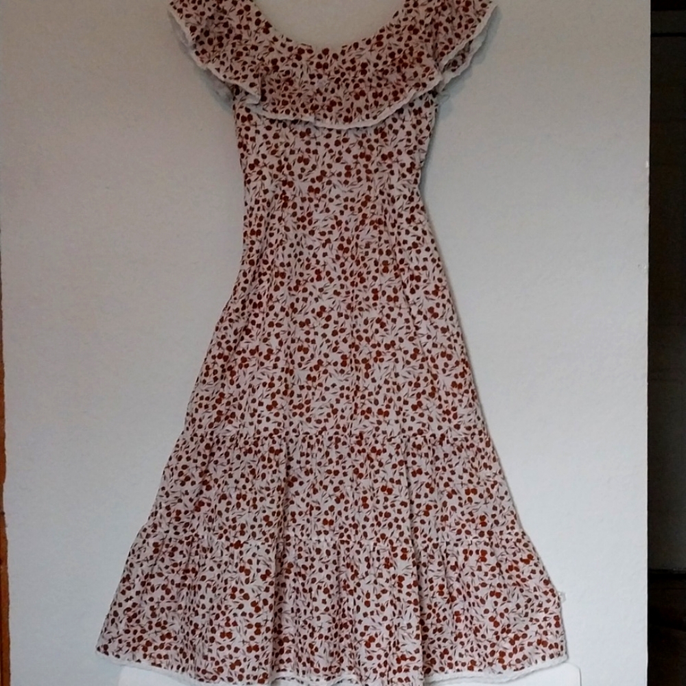 RIXO Midi Cottage Core Regency  Ruffled Phesant Cincher White Tan Ruffle Size XS